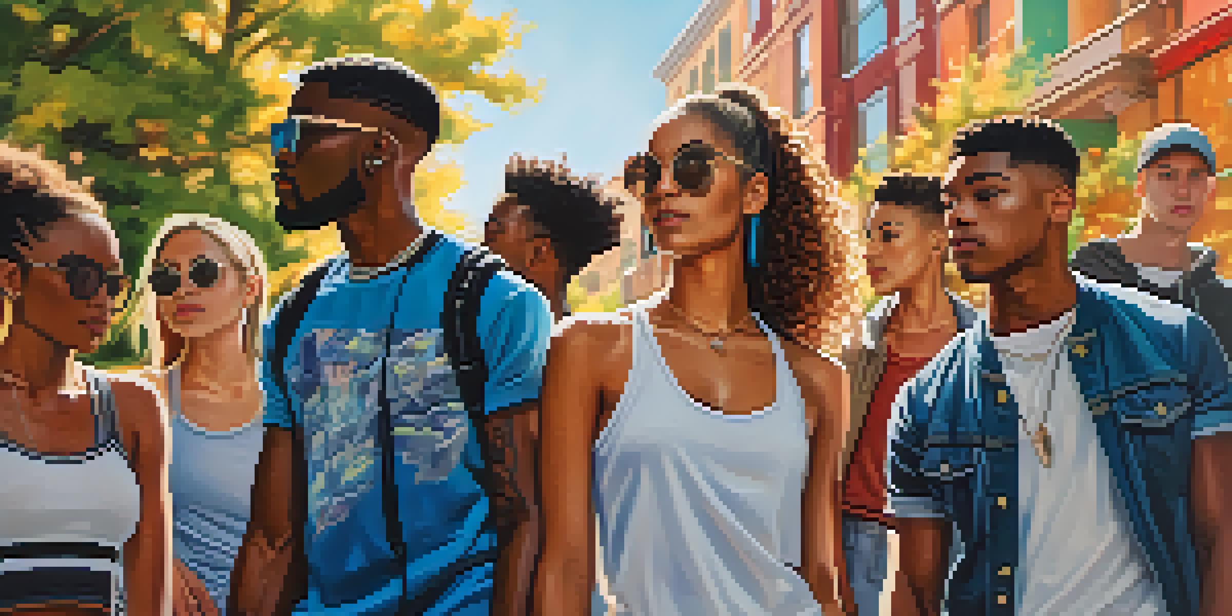 A colorful street scene with fashionable young adults in athleisure and streetwear, against a vibrant mural background.