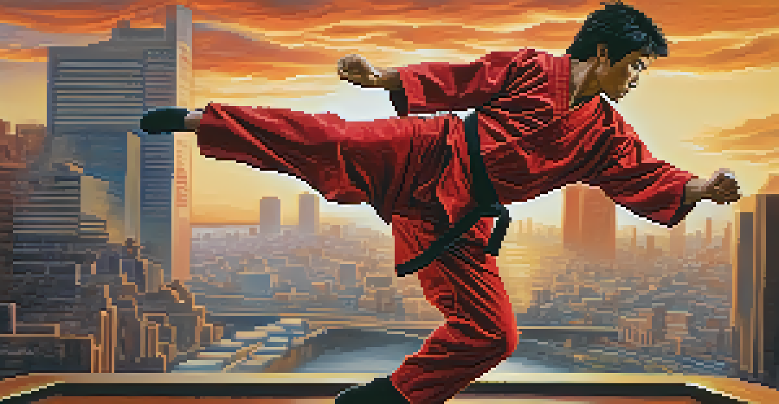 A protagonist performing a martial arts move in front of a vibrant cityscape, showcasing action and energy with dynamic lighting.