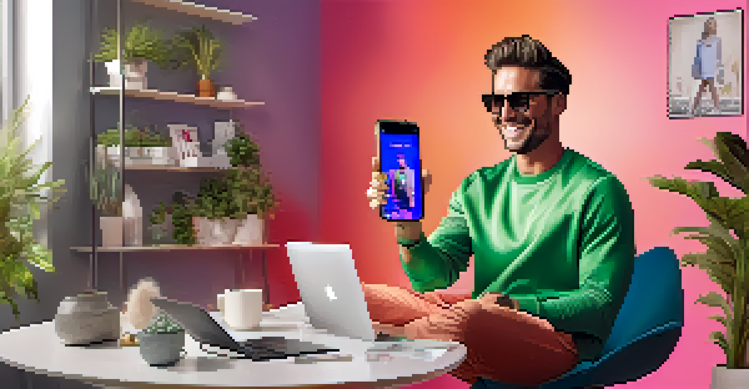 A celebrity interacting with fans during a live social media stream, surrounded by a stylish home office.