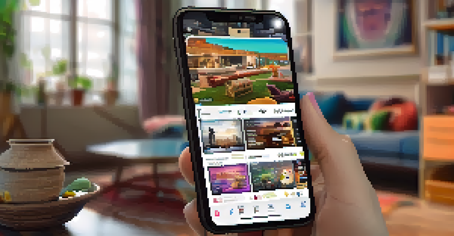 A smartphone screen displaying an engaging social media feed about films, with colorful graphics and interactive content in a cozy living room.