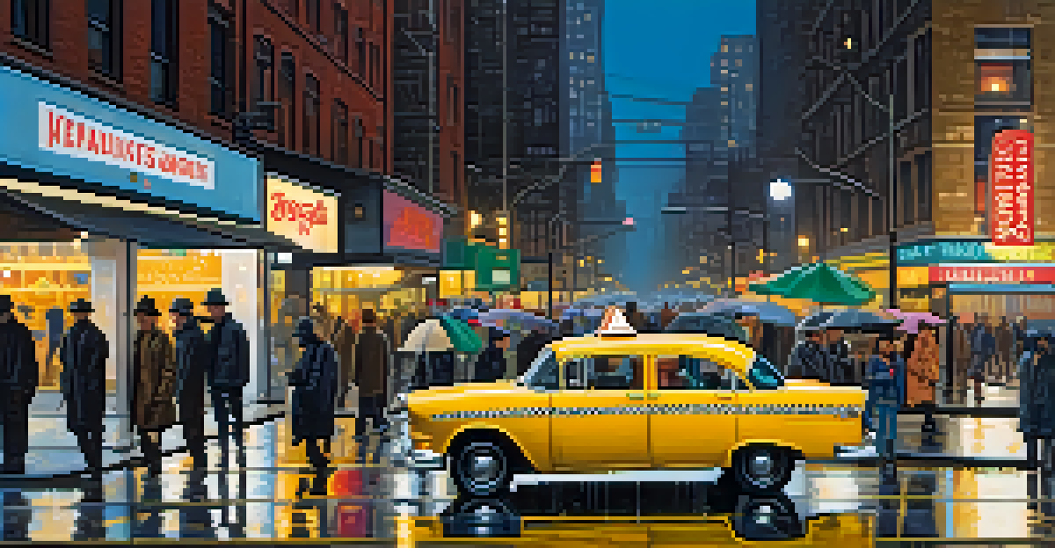 A city street at dusk with neon signs, streetlights, and people walking, featuring a yellow taxi on wet pavement.