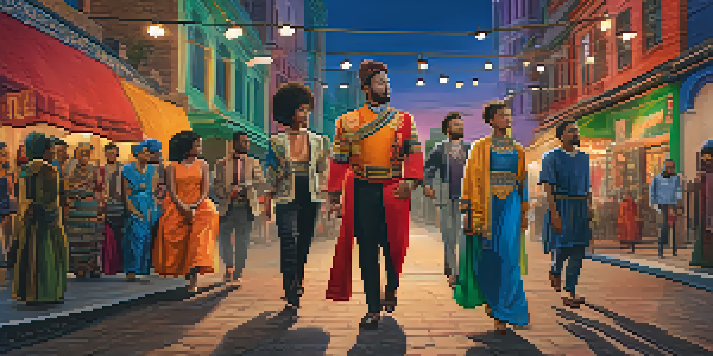 A diverse group of actors on a film set, surrounded by a colorful cityscape, showcasing various races and genders with warm lighting.