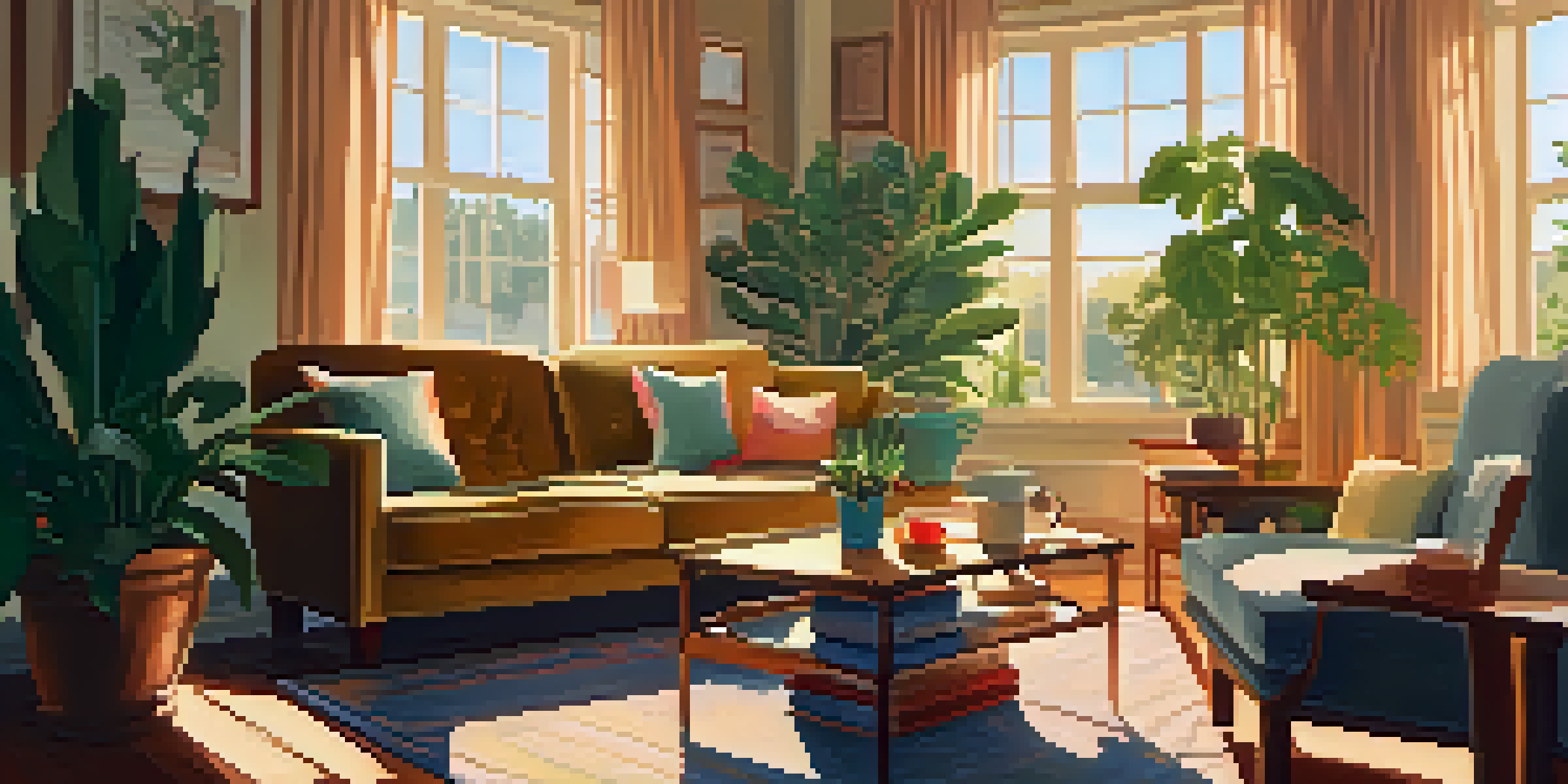 A couple sitting on a sofa in a warmly lit living room, engaged in conversation, with sunlight filtering through curtains and a coffee table in front of them.