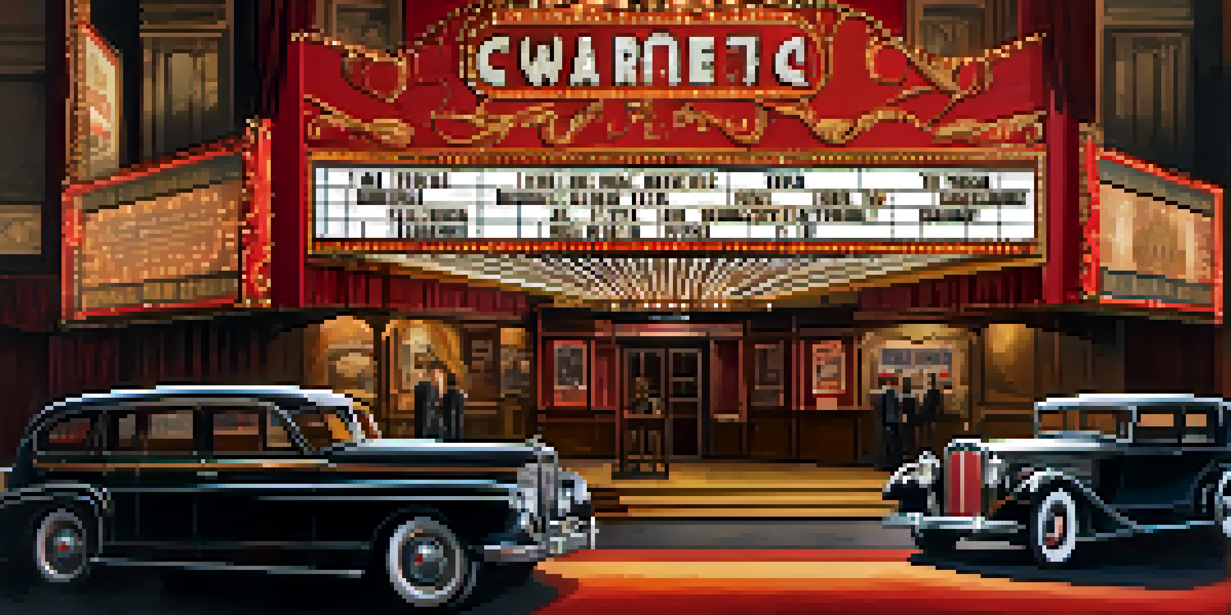 A vintage cinema theater featuring a beautifully lit marquee and red velvet seats, evoking a sense of nostalgia for early 20th-century film promotion.