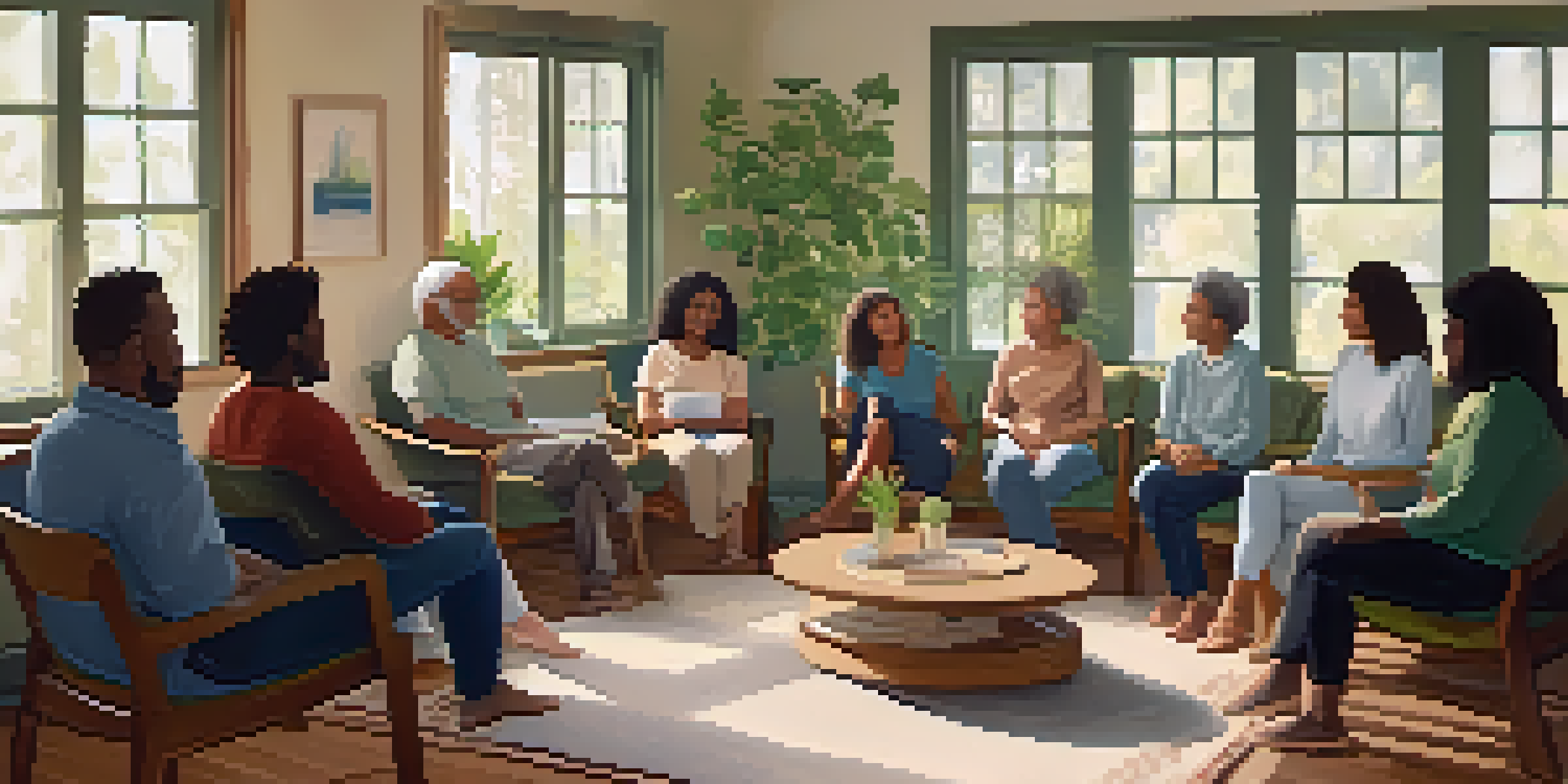 A diverse group of individuals in a mental health support group, sitting in a circle in a cozy, softly lit room, sharing their stories.