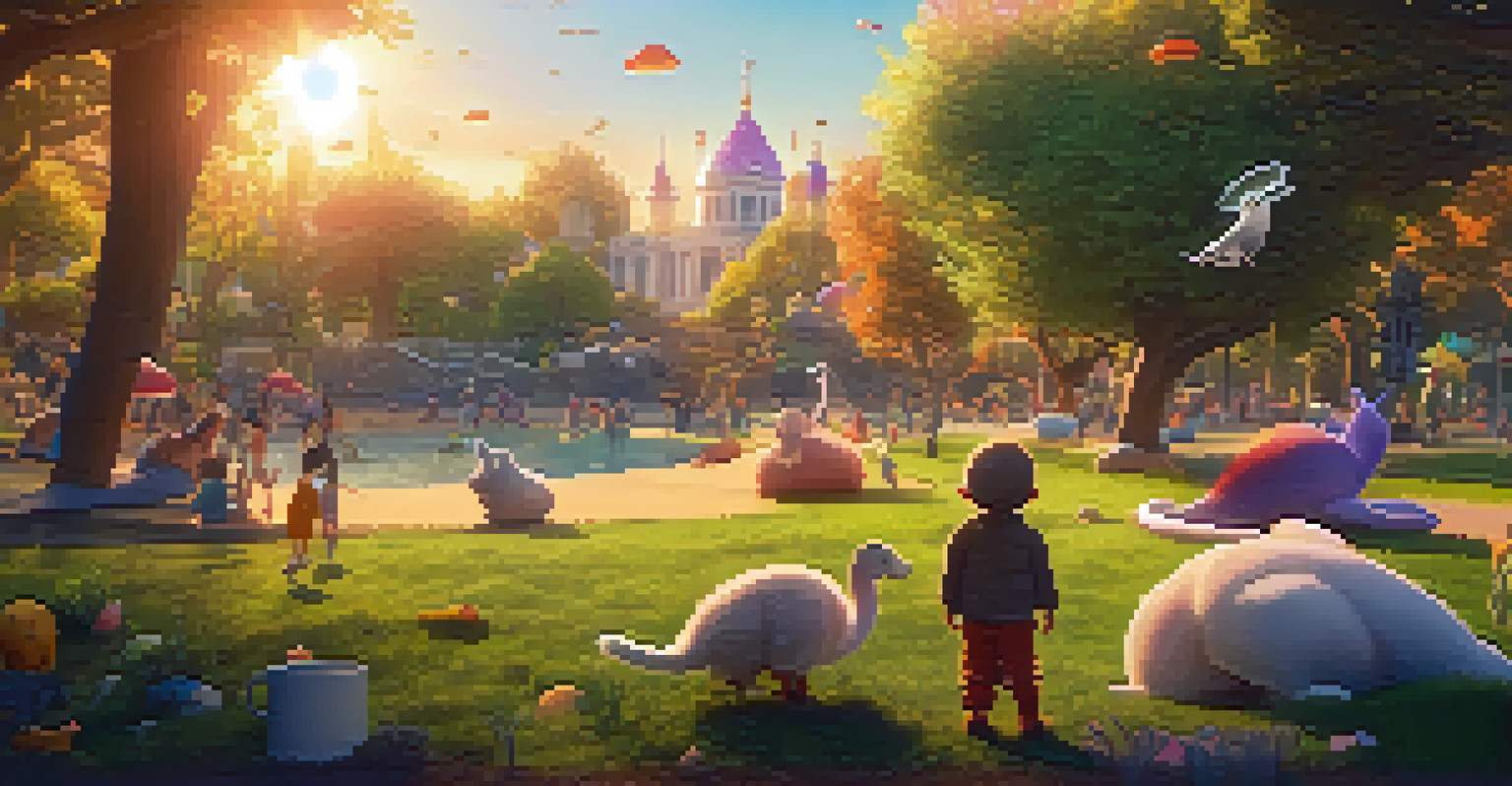 A whimsical animated character interacting with real-world elements in a park, creating a magical atmosphere.