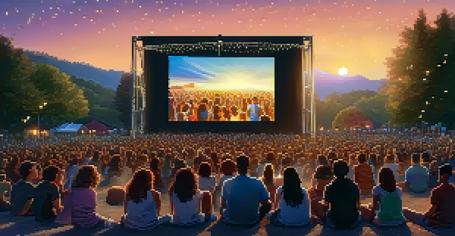 An outdoor film festival with a diverse audience watching a film about social justice, illuminated by fairy lights at sunset.