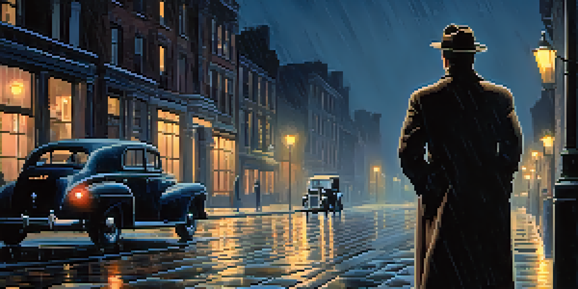 A detective in a trench coat stands under a streetlight on a rainy night, with a vintage car and brick buildings in the background.
