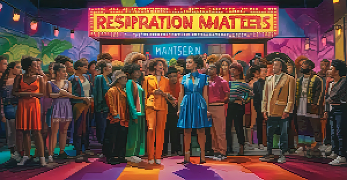 A diverse group of actors in costume on a film set, discussing inclusivity and acceptance, with colorful lighting and a backdrop that says 'Representation Matters'.