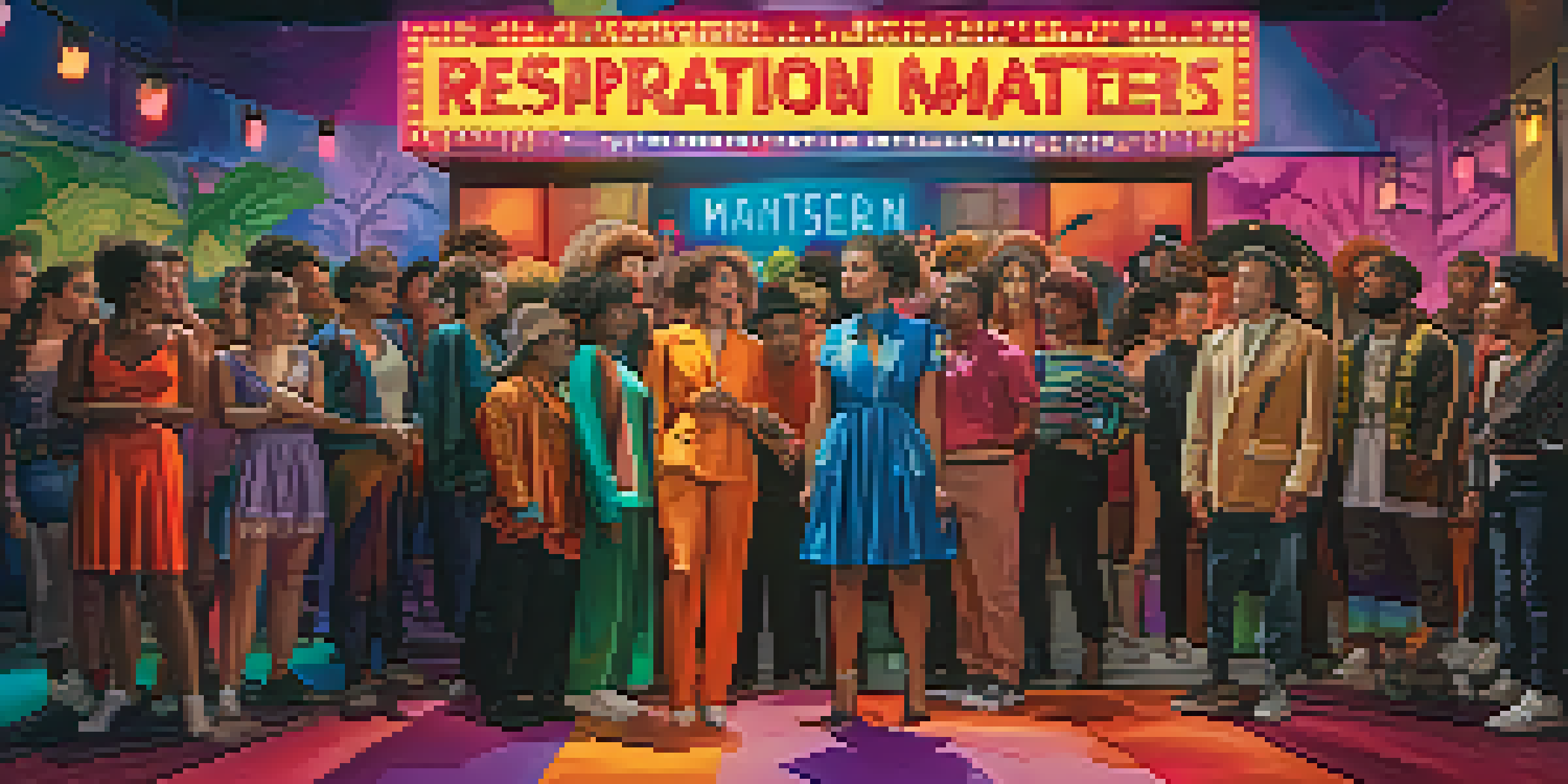 A diverse group of actors in costume on a film set, discussing inclusivity and acceptance, with colorful lighting and a backdrop that says 'Representation Matters'.