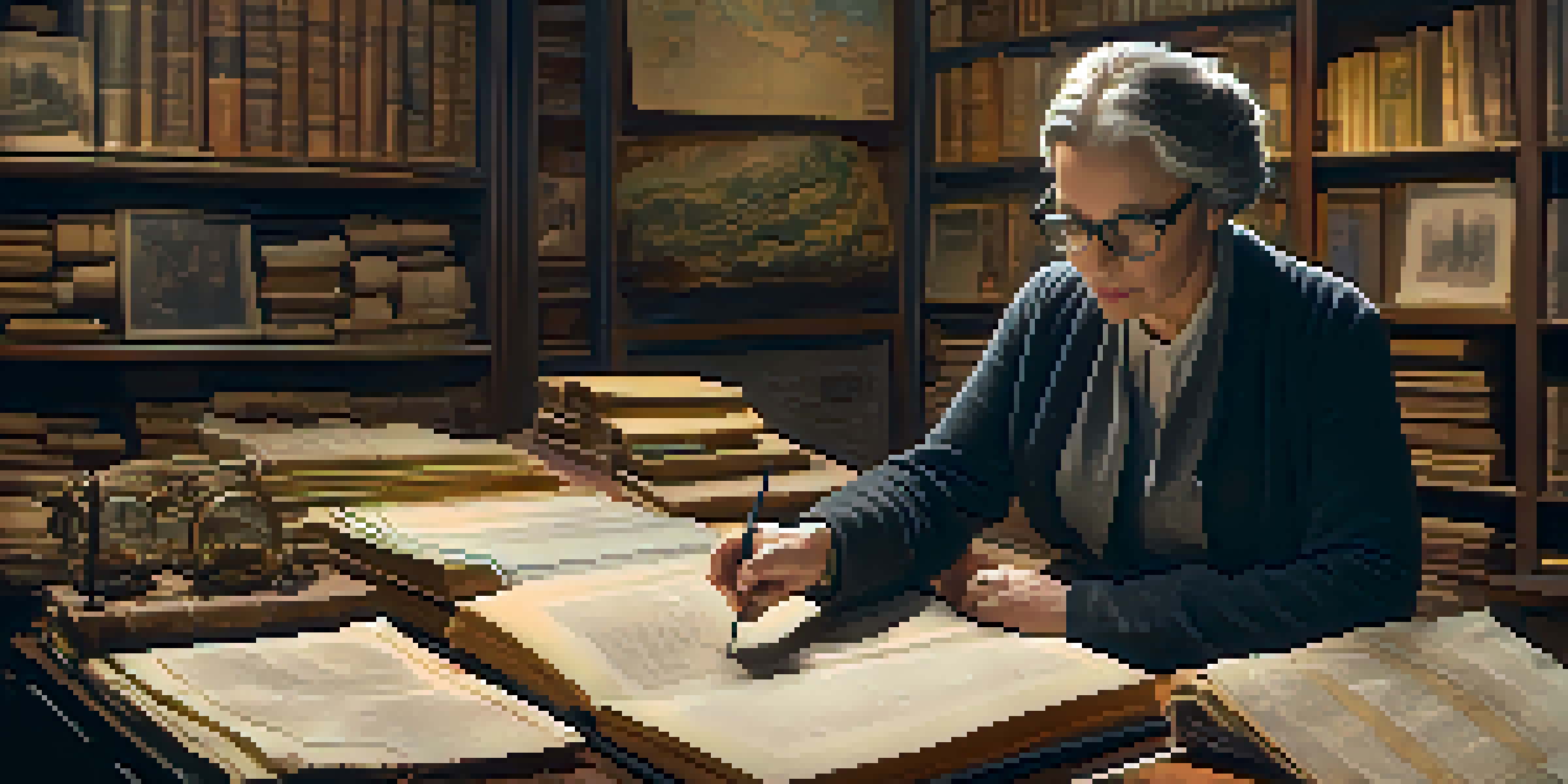 A historical consultant examining a script in a film studio, surrounded by historical materials.