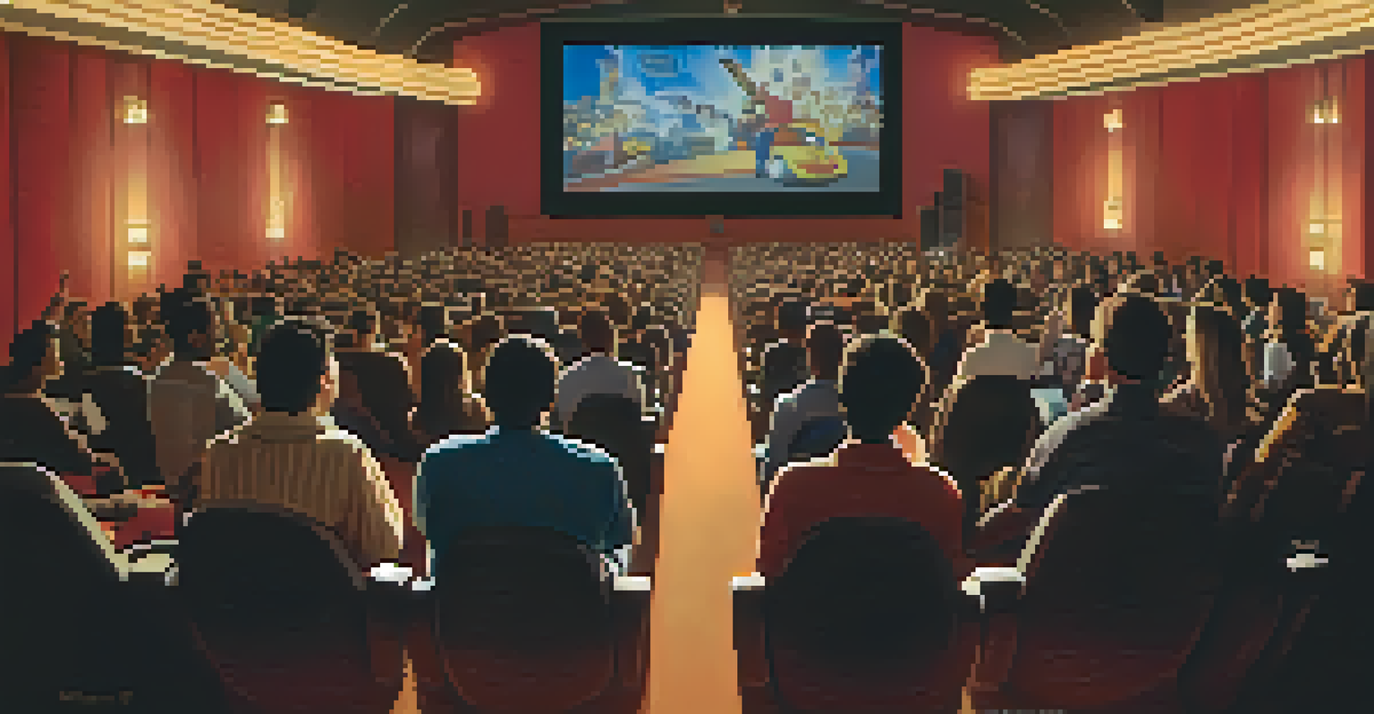 An audience in a cinema watching a film that highlights diverse narratives, with expressions of excitement.