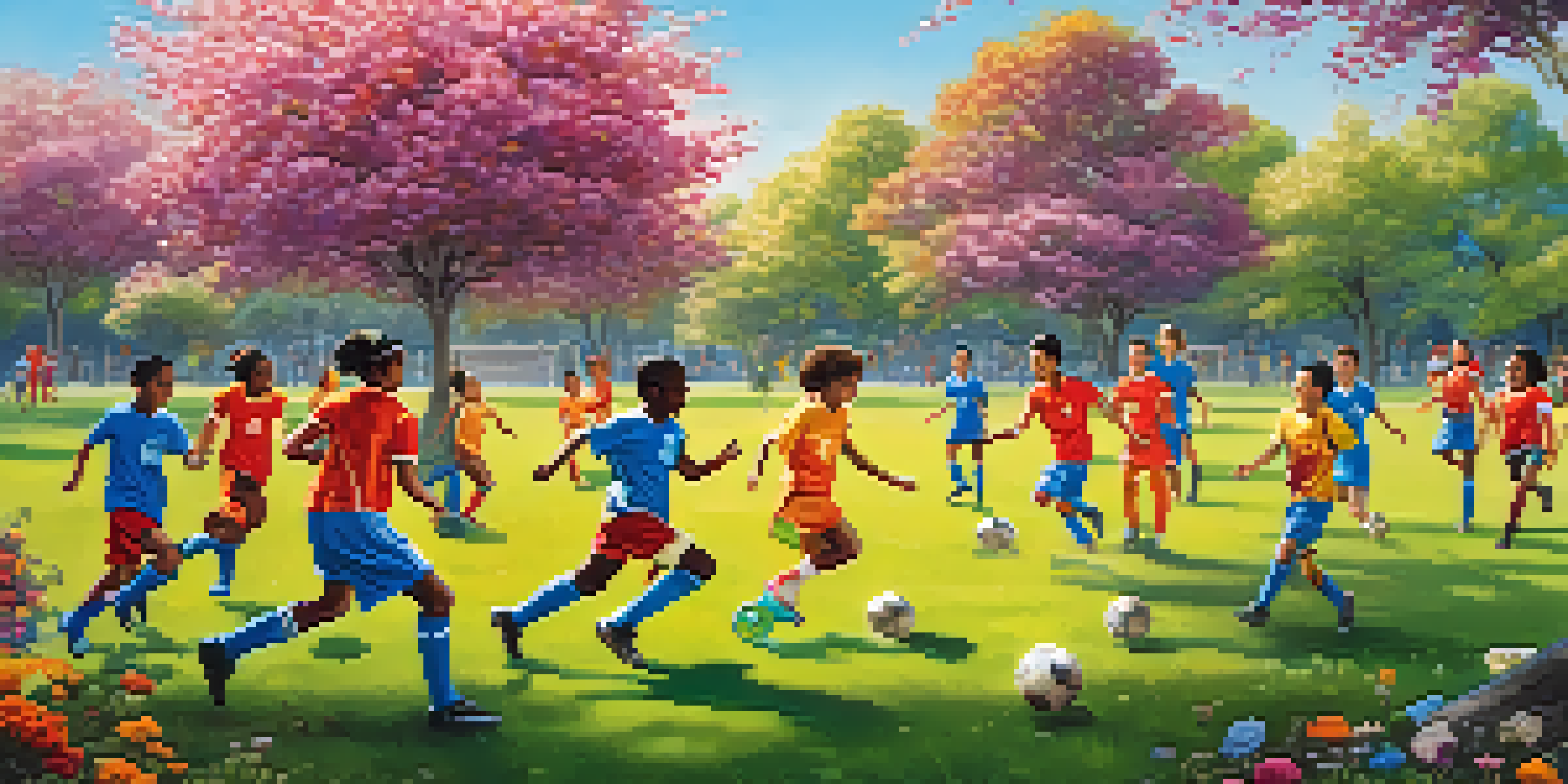 A diverse group of young athletes playing soccer in a sunny park, showcasing teamwork and joy.
