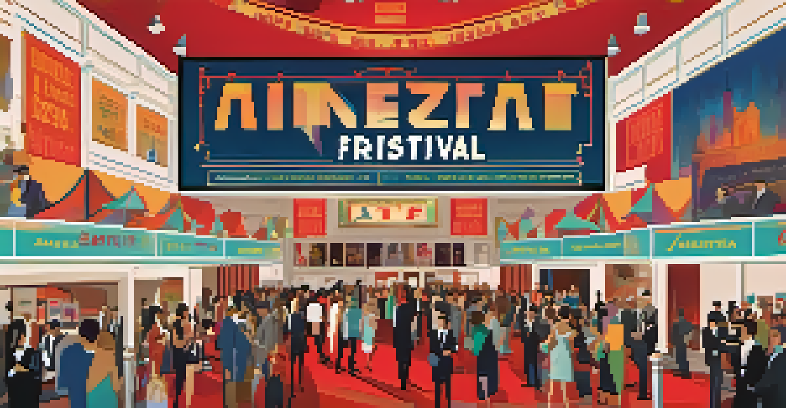 A lively film festival scene with a red carpet, attendees in formal wear, and colorful banners.
