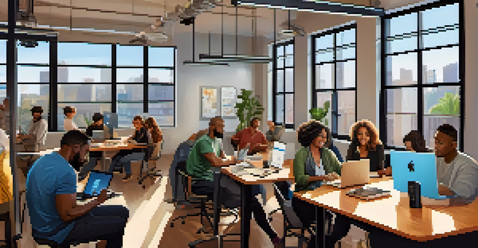 A diverse group of screenwriters collaborating in a bright co-working space, discussing ideas with laptops and notebooks around them.