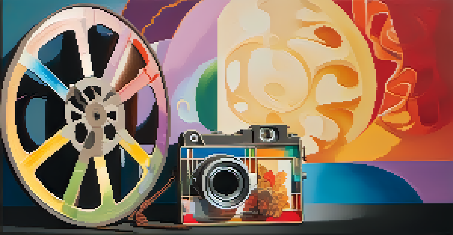A film reel with cultural symbols like a Chinese lantern and Indian clapperboard against a colorful gradient background, representing global filmmaking.