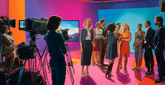 A female director on a film set, surrounded by diverse actors in costumes, with colorful lighting and film equipment.