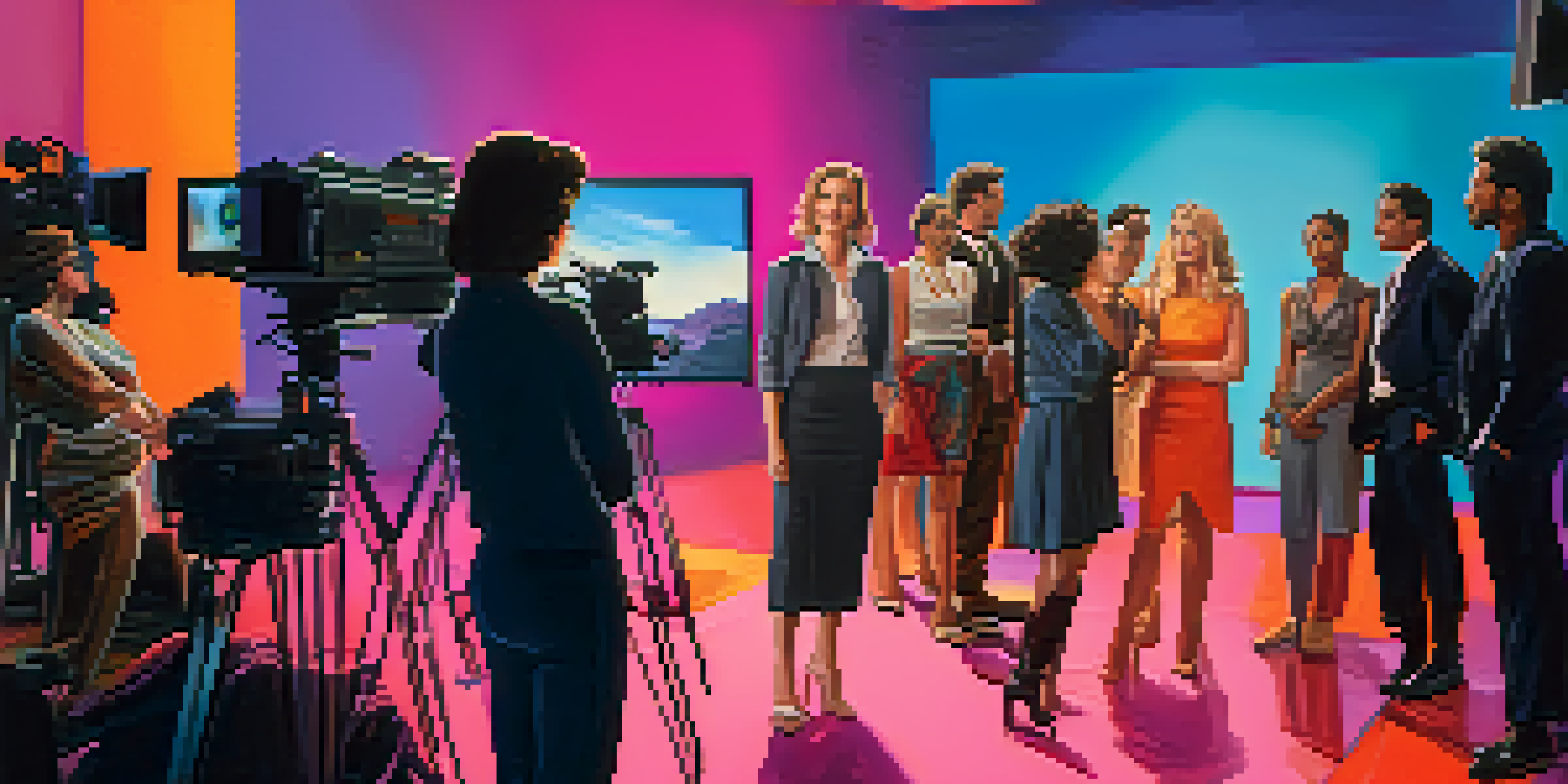 A female director on a film set, surrounded by diverse actors in costumes, with colorful lighting and film equipment.