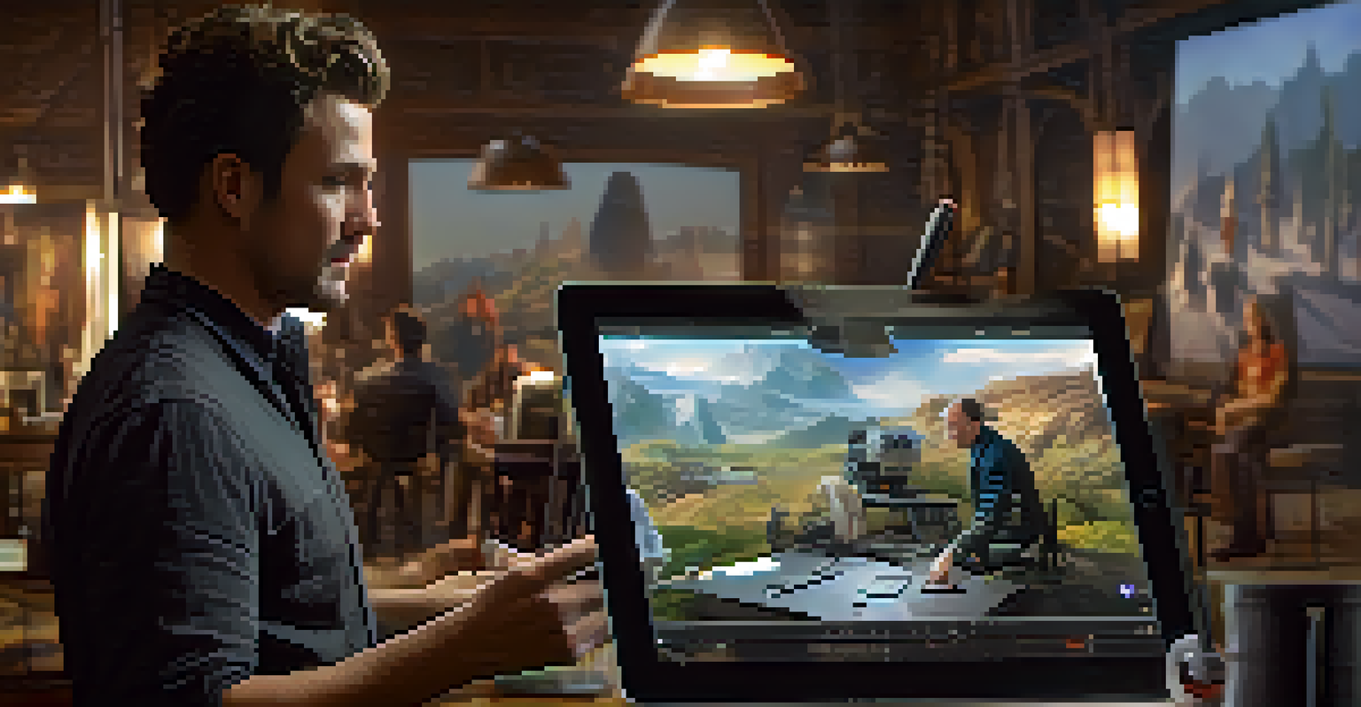 A director and visual effects artist collaborating over a digital tablet, with a film set in the background.