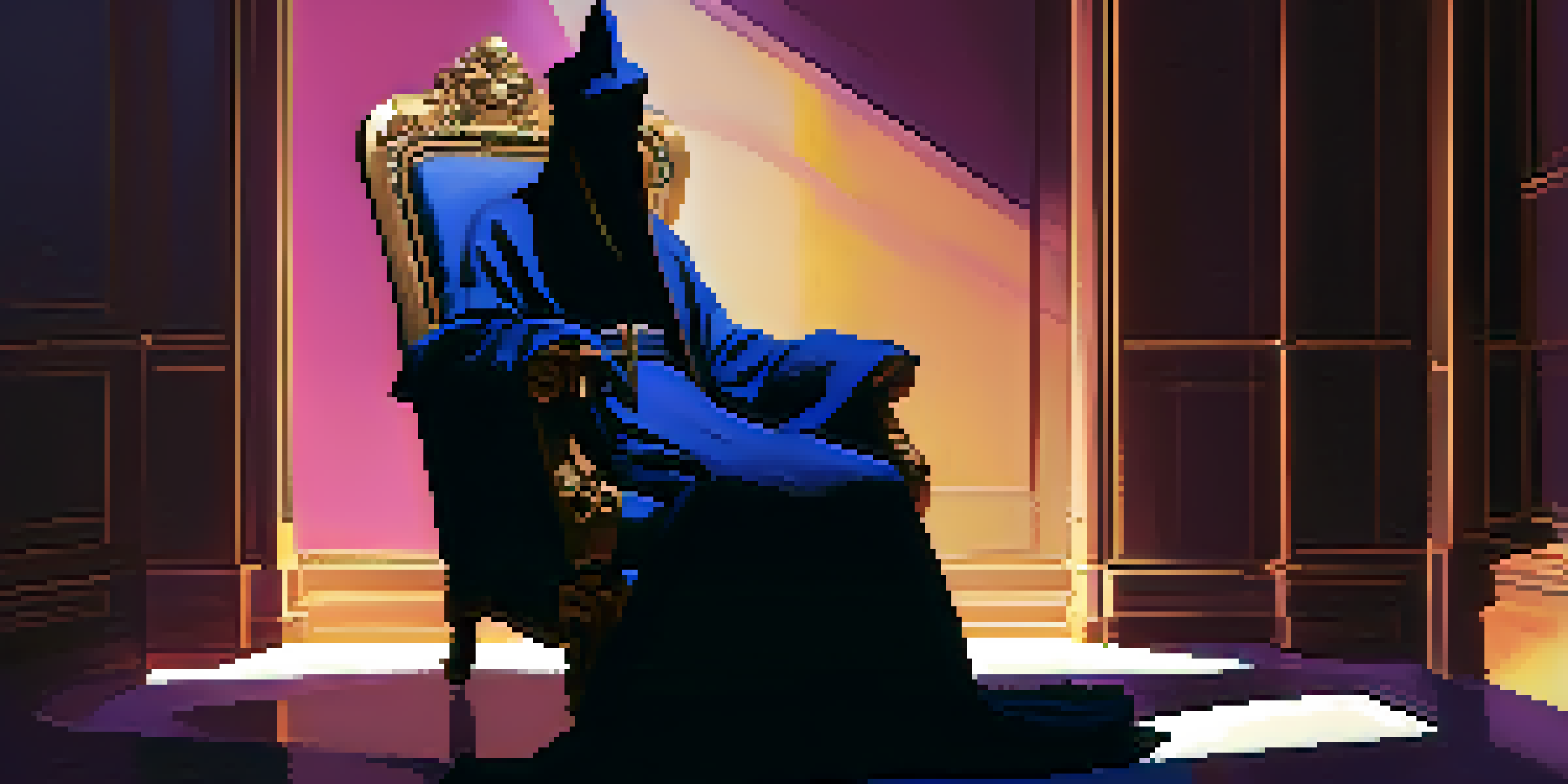 A mysterious villain in a dimly lit room, contemplating in an elegant armchair surrounded by flickering candlelight and shadows.