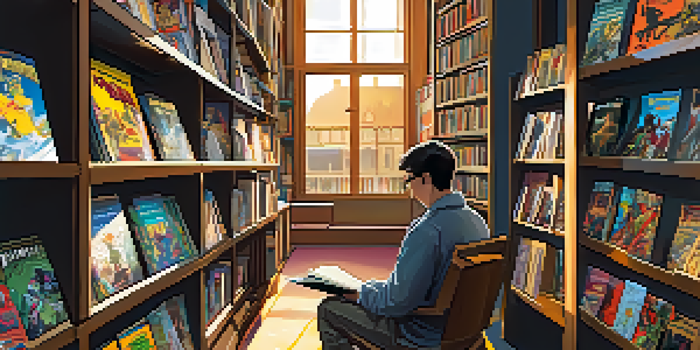 A bright comic book store with shelves full of graphic novels and a cozy reading nook illuminated by sunlight.