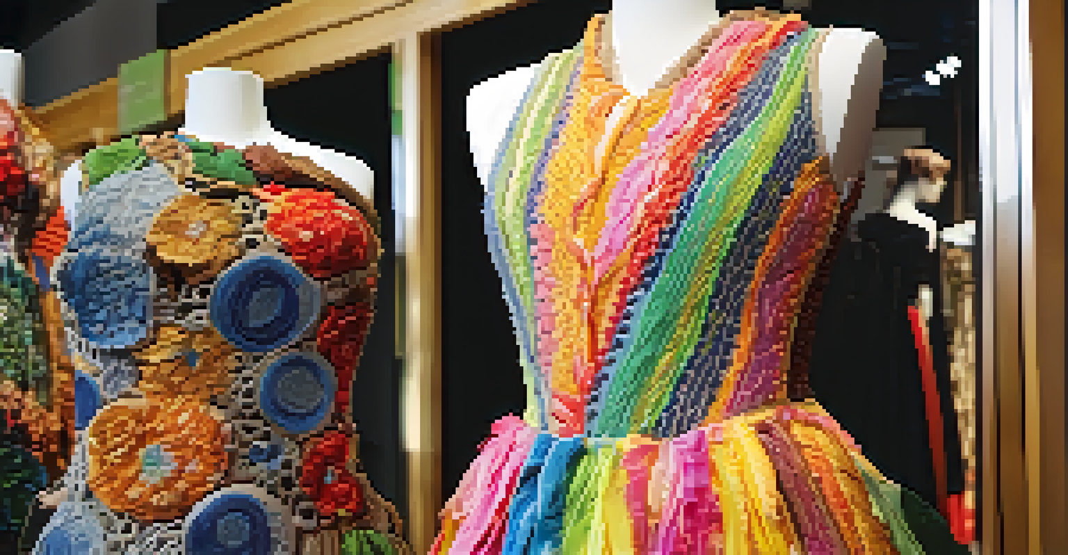 Close-up of costumes made from organic and recycled materials displayed creatively.
