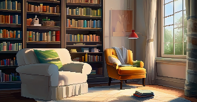A warm and inviting reading nook with a plush armchair, bookshelves filled with colorful books, soft lighting, and a cup of tea on a side table.