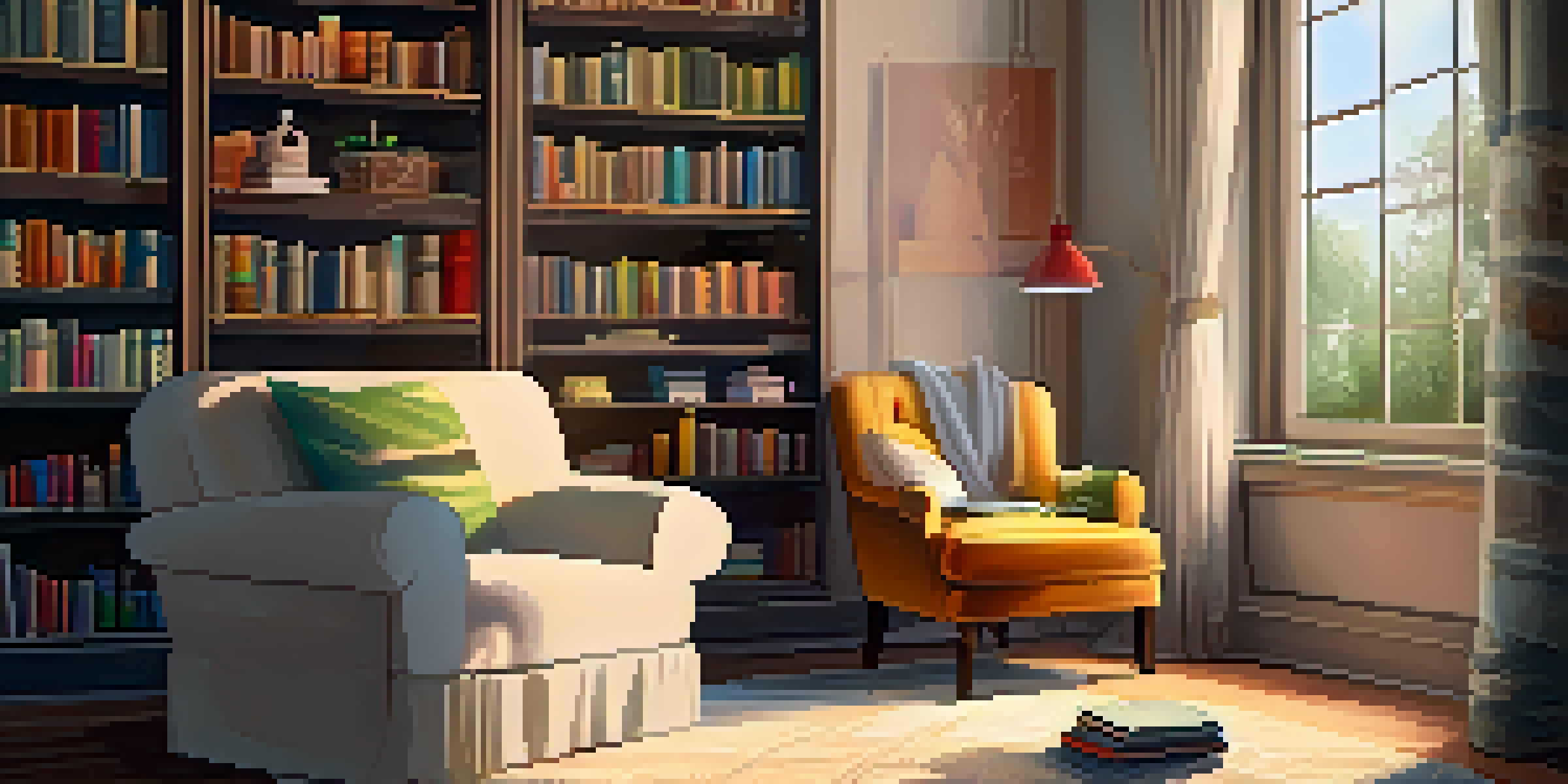 A warm and inviting reading nook with a plush armchair, bookshelves filled with colorful books, soft lighting, and a cup of tea on a side table.