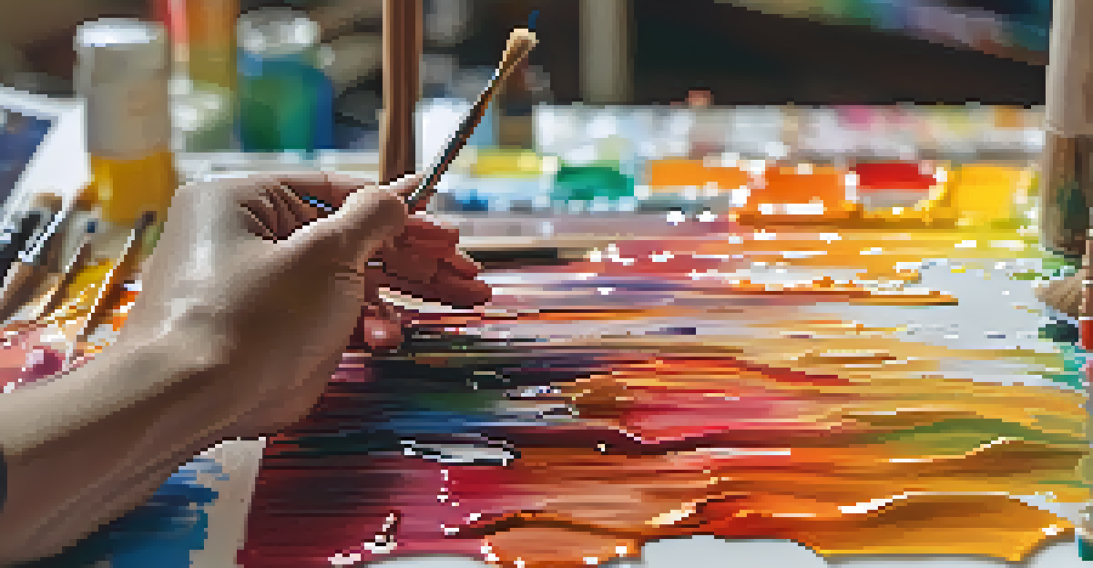 An artist's hand holding a brush, painting on a canvas with bright colors, in a sunlit art studio.