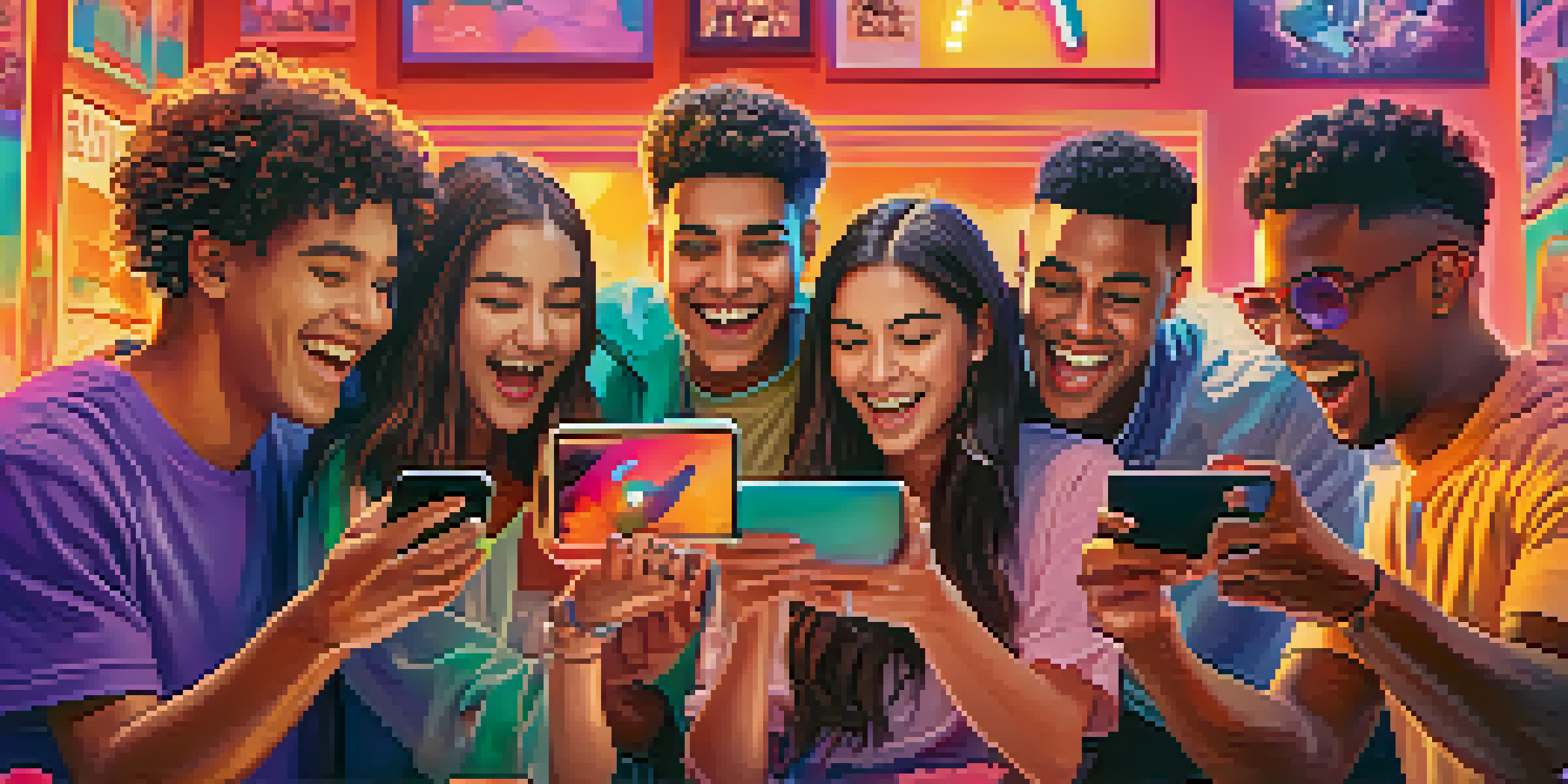 Diverse young adults excitedly sharing film teasers on a smartphone surrounded by colorful movie posters.