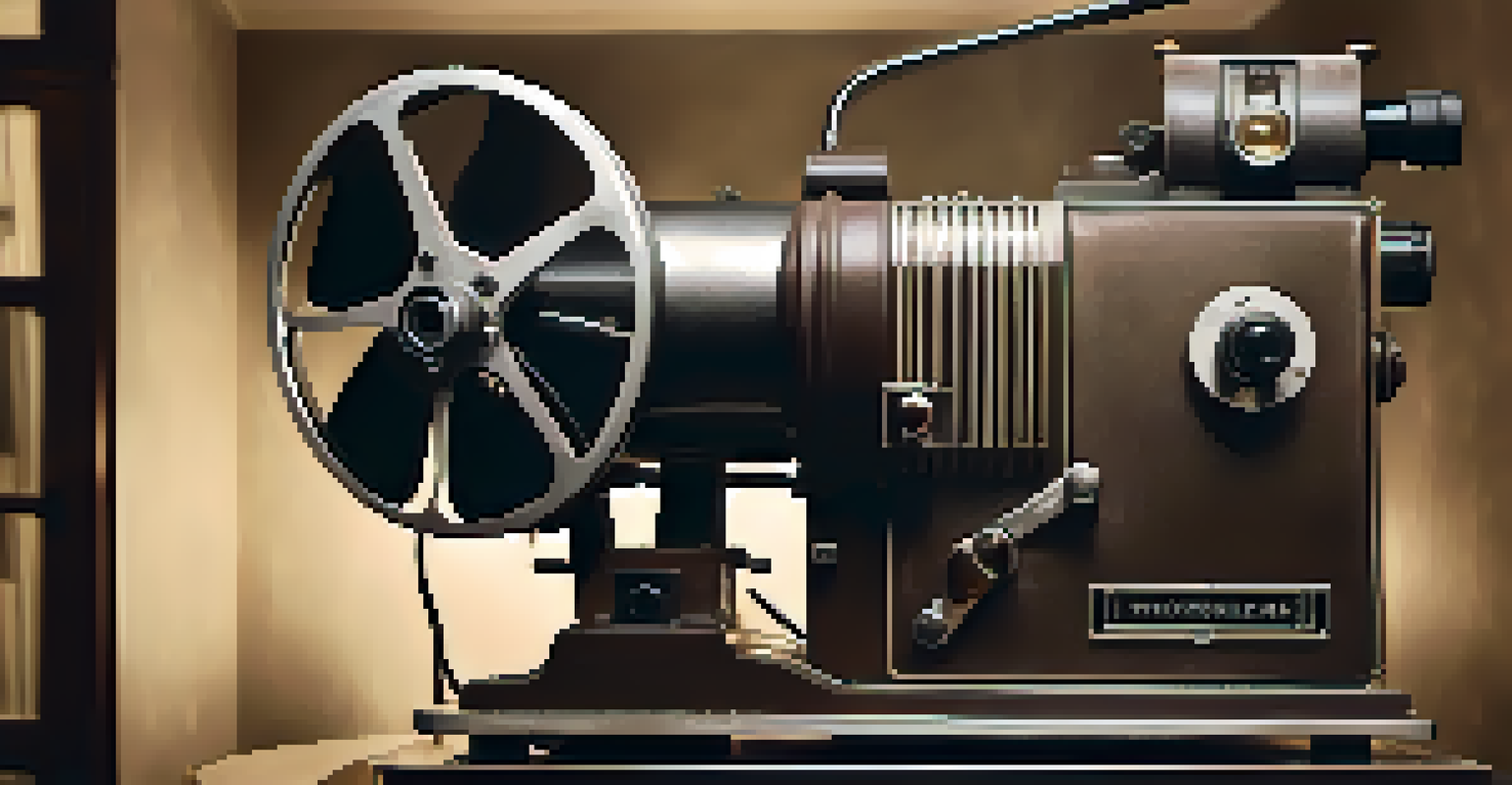 A vintage film projector casting images of historical events on a dimly lit screen, evoking nostalgia.