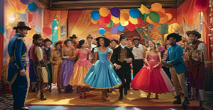 A diverse group of actors on a colorful film set, rehearsing together with joyful expressions.