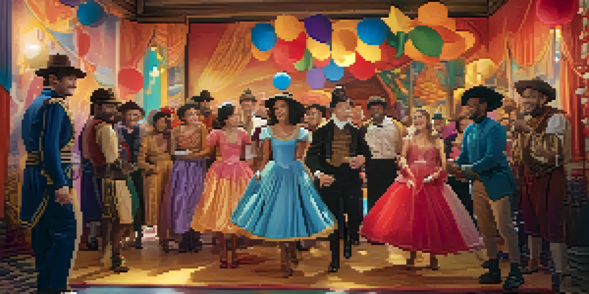 A diverse group of actors on a colorful film set, rehearsing together with joyful expressions.