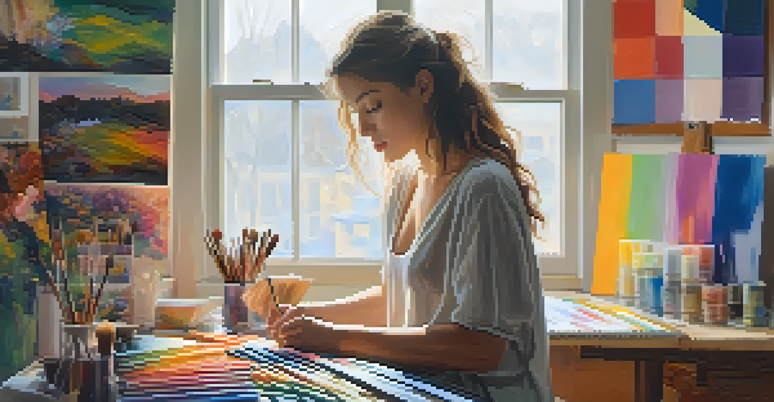 A young woman painting in her bright studio, surrounded by art supplies and colorful canvases.