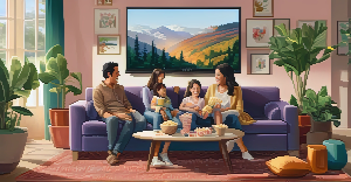 A cozy living room with a family watching a movie together, warm lighting, and a bowl of popcorn.