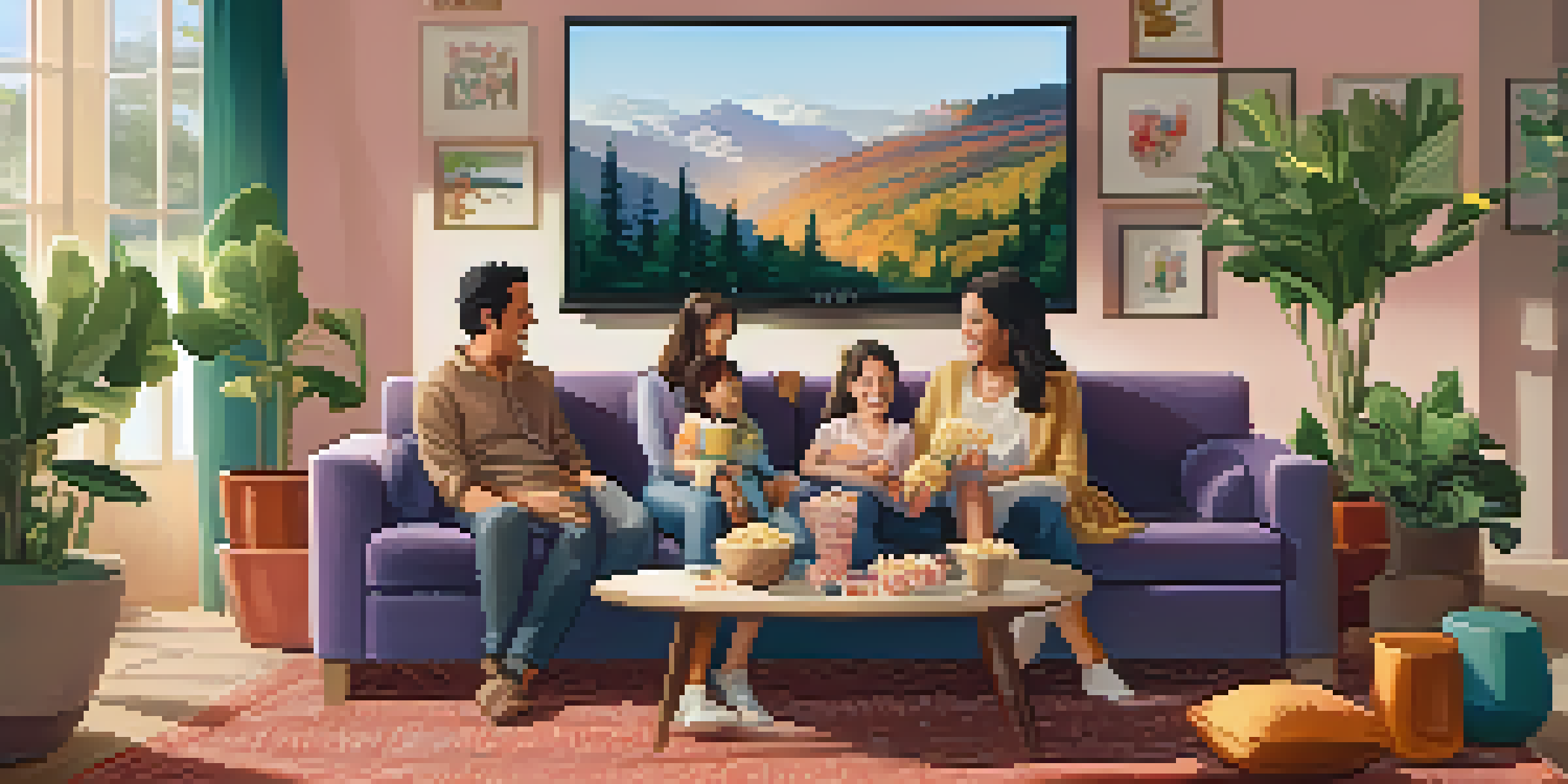 A cozy living room with a family watching a movie together, warm lighting, and a bowl of popcorn.