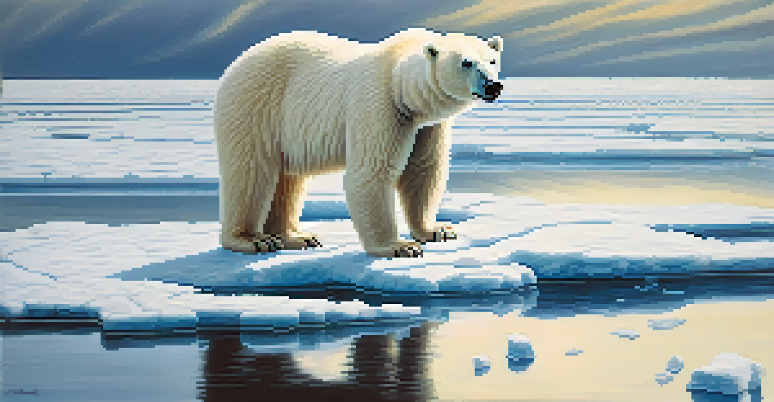 A polar bear on a melting ice floe in the Arctic Ocean, with a dramatic sky and blue water in the background.