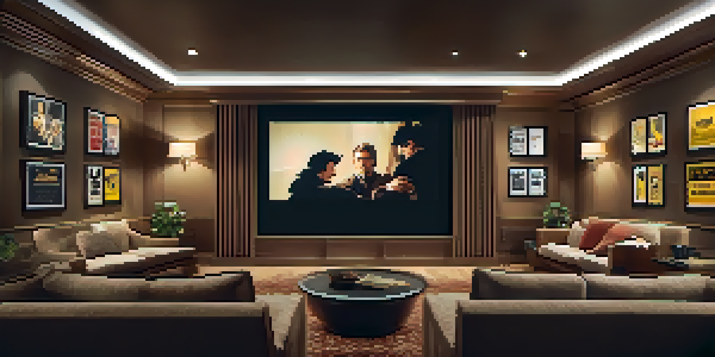A cozy home theater room with plush seating and a large screen showing a classic film, warmly lit with film posters on the walls.