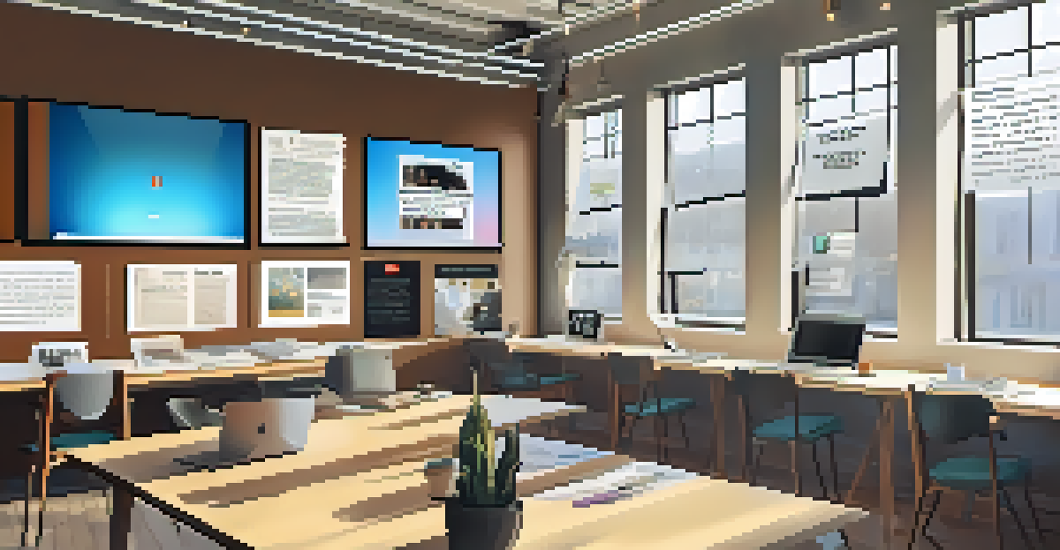 A modern workspace with multiple screens showing film reviews and social media, bathed in natural light.