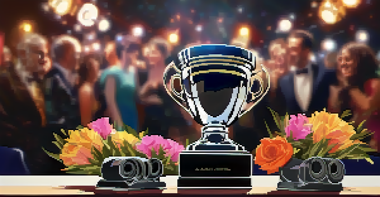 A shining film festival award trophy on a table with film reels and flowers in the background.