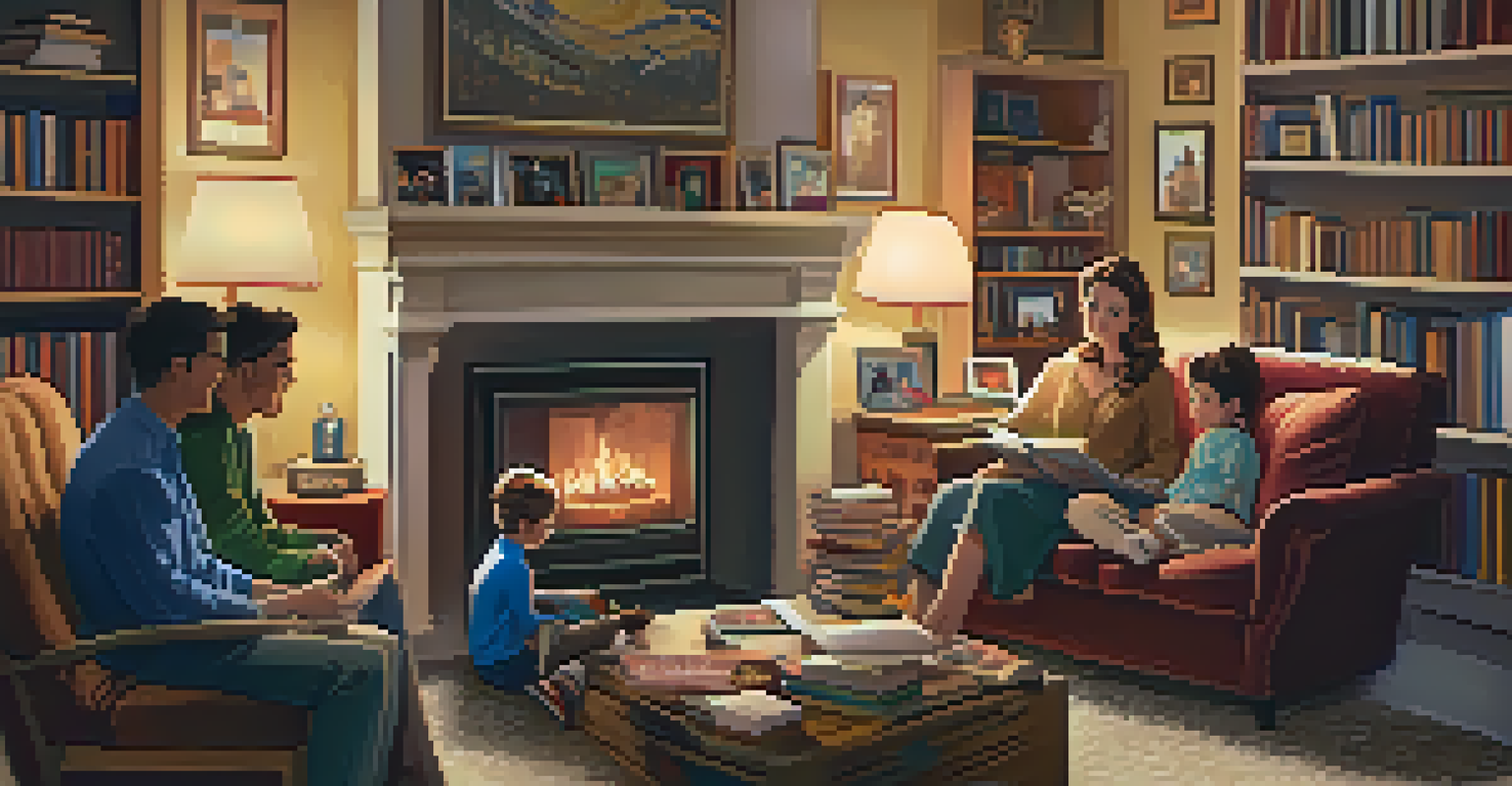A family in a cozy living room watching a movie adaptation on television, surrounded by books and movie posters.