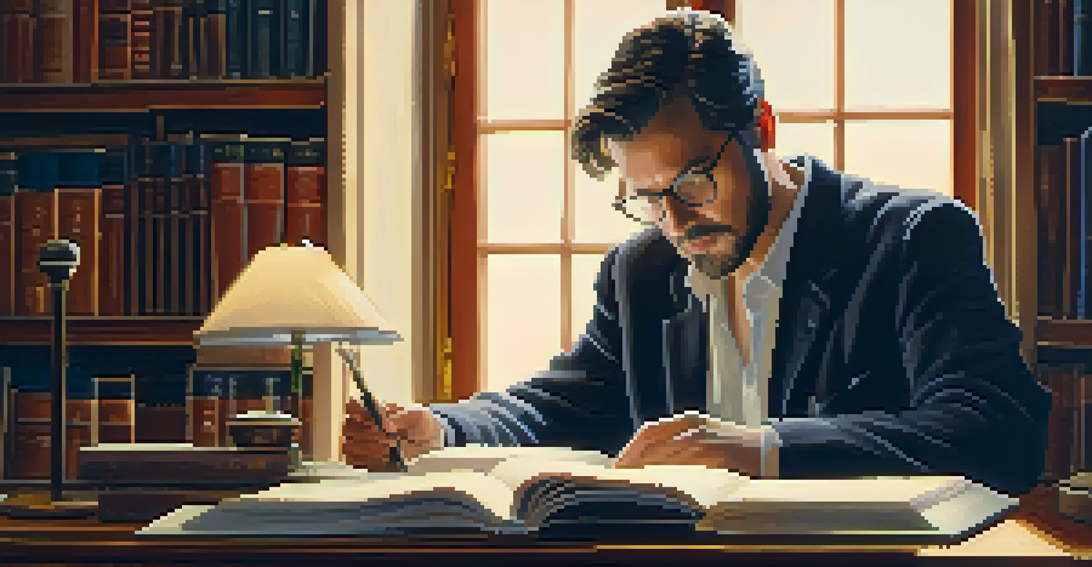 A close-up of a writer reading a screenplay, with a blurred bookshelf in the background and warm lighting.