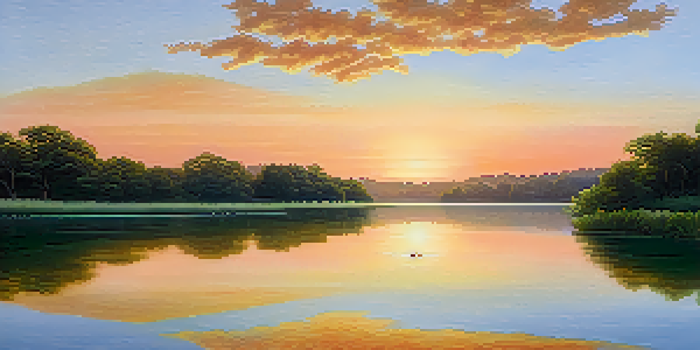A tranquil dawn landscape with a calm lake and blooming flowers, reflecting warm sunrise colors.