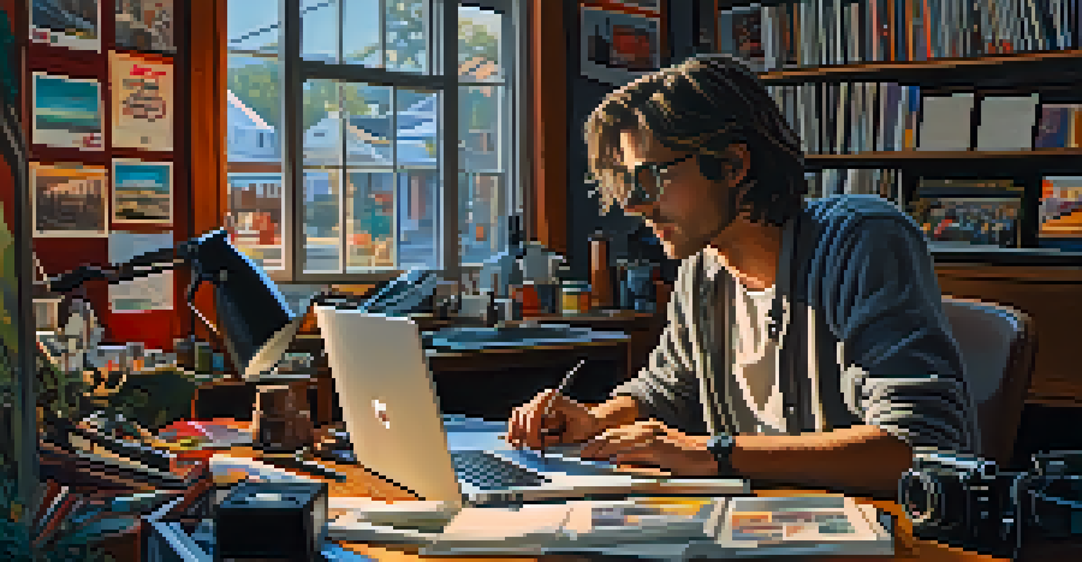 A close-up of a filmmaker working on a laptop in a cozy workspace filled with film reels and notes, illuminated by natural light.