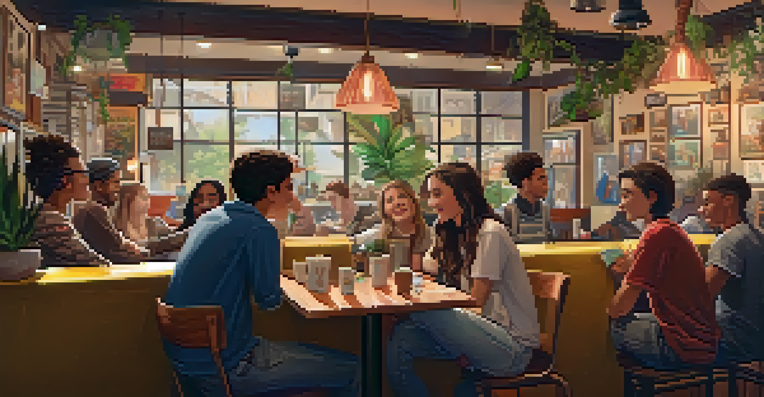 A welcoming coffee shop with diverse teenagers engaged in conversation, featuring eclectic decor and warm lighting that enhances the cozy atmosphere.