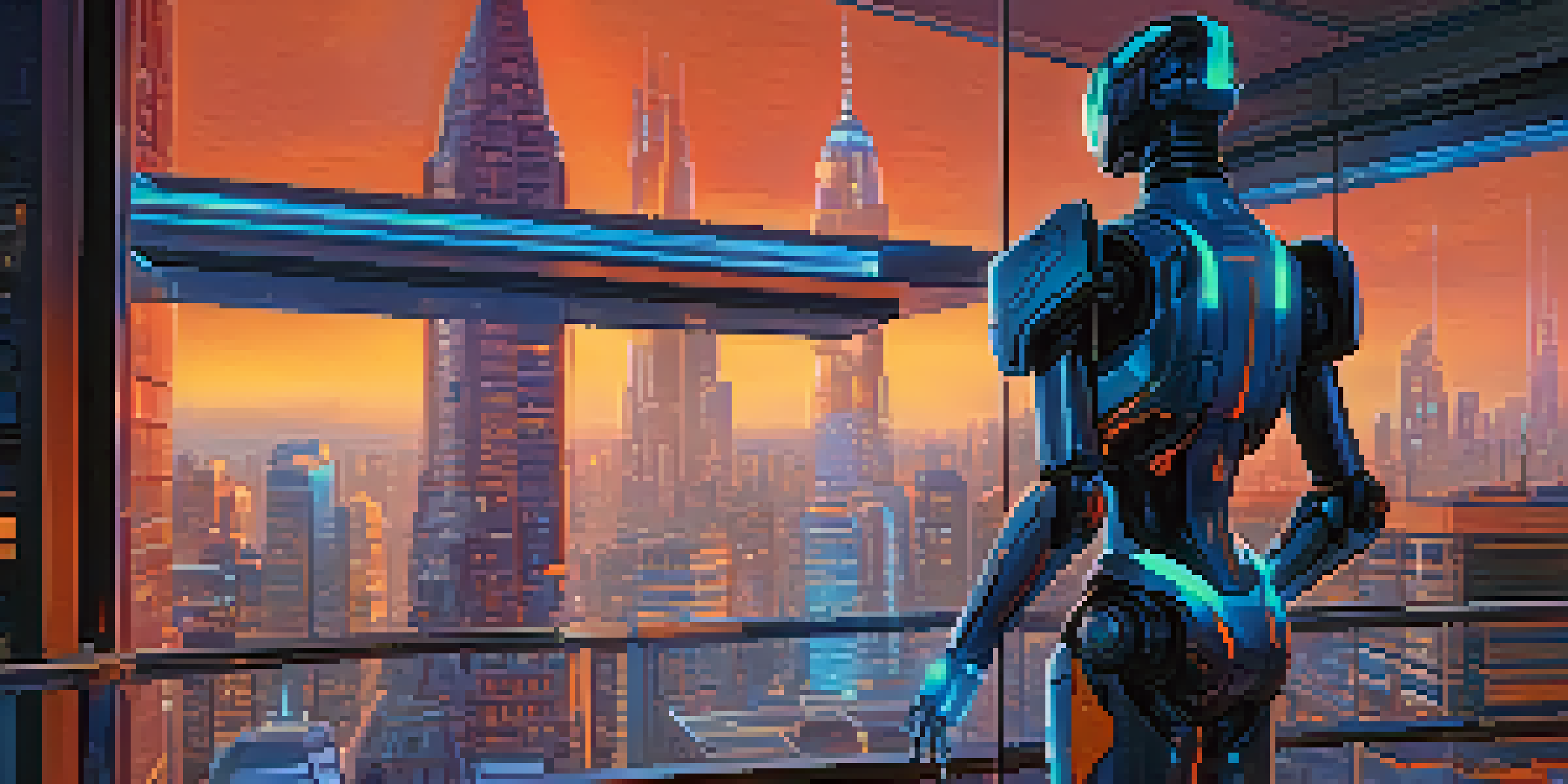A humanoid robot overlooking a futuristic city with neon lights and flying cars during dusk.