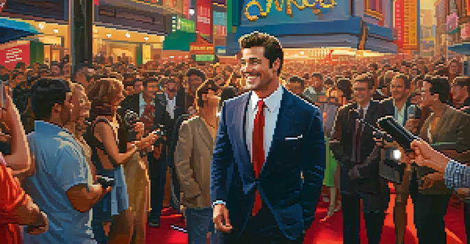 A popular actor on a red carpet, smiling and interacting with fans while being photographed, with colorful film promotion banners in the background.