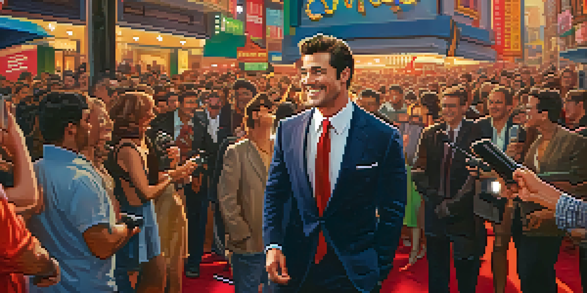 A popular actor on a red carpet, smiling and interacting with fans while being photographed, with colorful film promotion banners in the background.