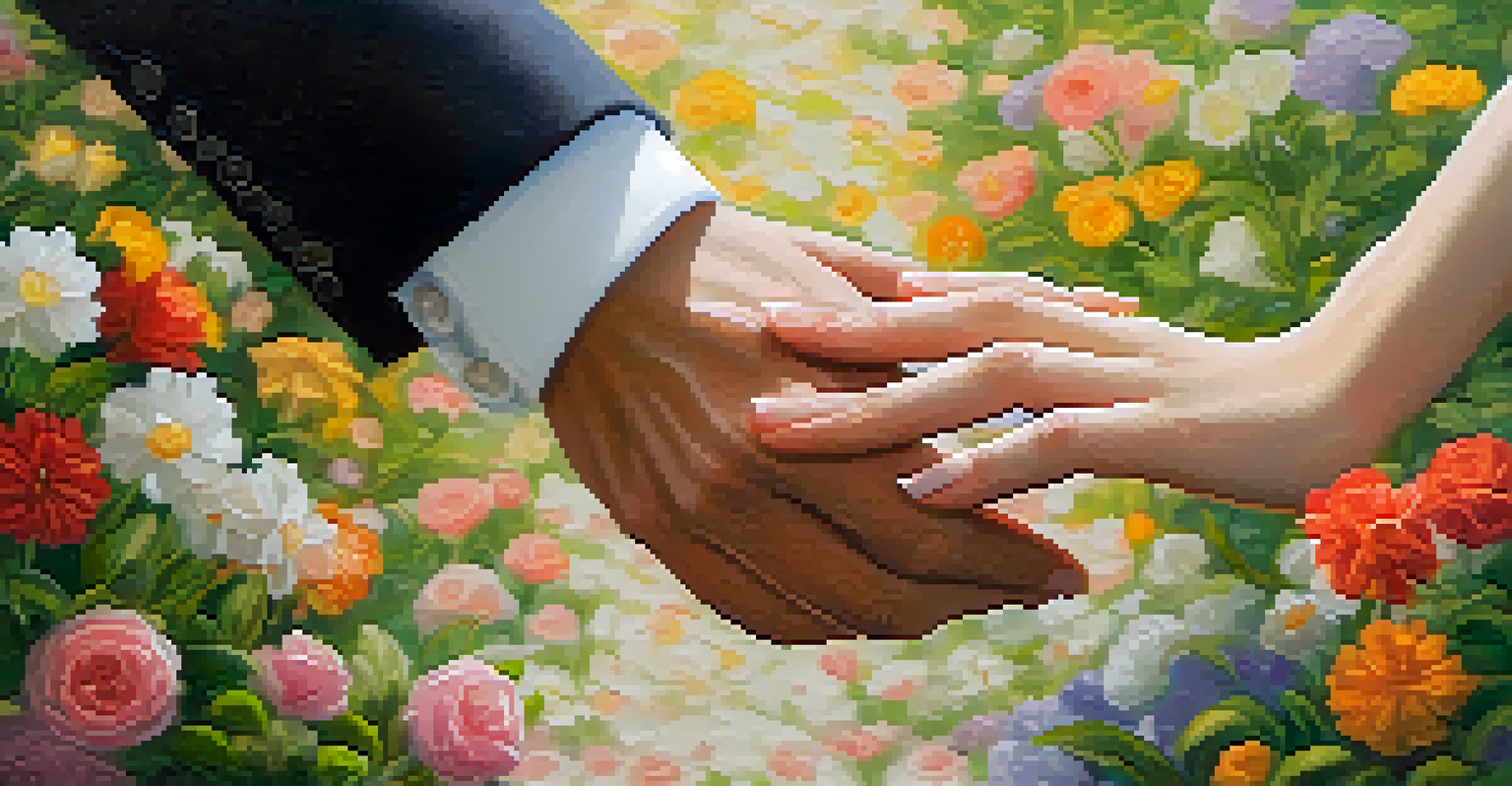 Close-up of two hands holding each other, with a wedding ring on one hand, surrounded by a blurred garden.