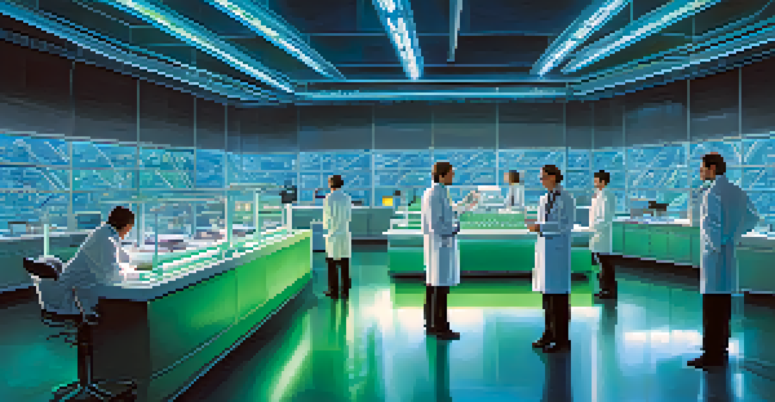 A DNA helix illuminated with green and blue lights surrounded by scientists and lab equipment.